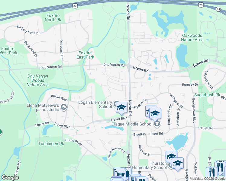 map of restaurants, bars, coffee shops, grocery stores, and more near 2935 Corston Road in Ann Arbor