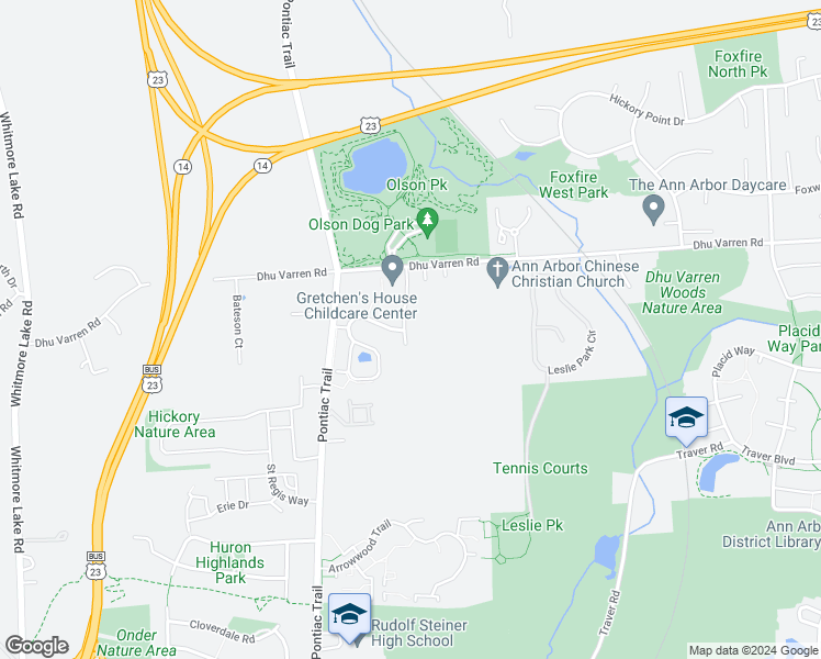 map of restaurants, bars, coffee shops, grocery stores, and more near 2964 Hunley Drive in Ann Arbor