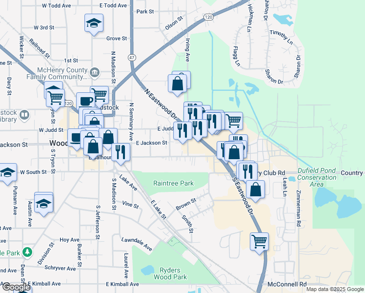map of restaurants, bars, coffee shops, grocery stores, and more near in Woodstock