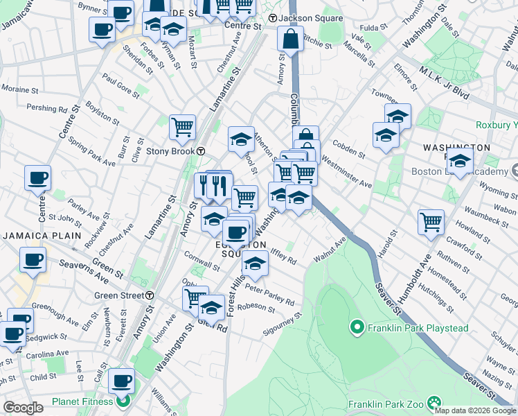 map of restaurants, bars, coffee shops, grocery stores, and more near 21 Egleston Street in Boston