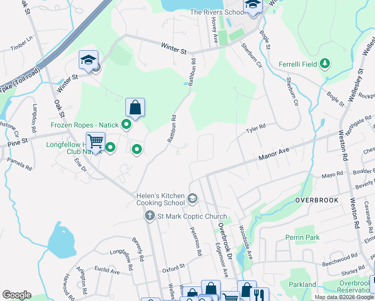 map of restaurants, bars, coffee shops, grocery stores, and more near 6 Whitney Circle in Natick
