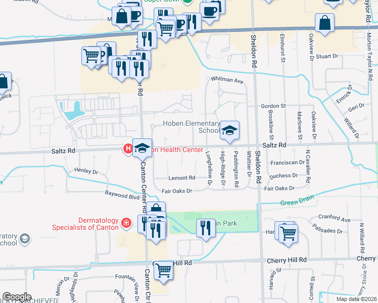 map of restaurants, bars, coffee shops, grocery stores, and more near 45036 Saltz Road in Canton