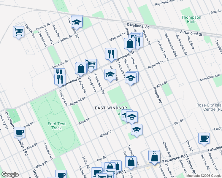 map of restaurants, bars, coffee shops, grocery stores, and more near Rossini Boulevard in Windsor