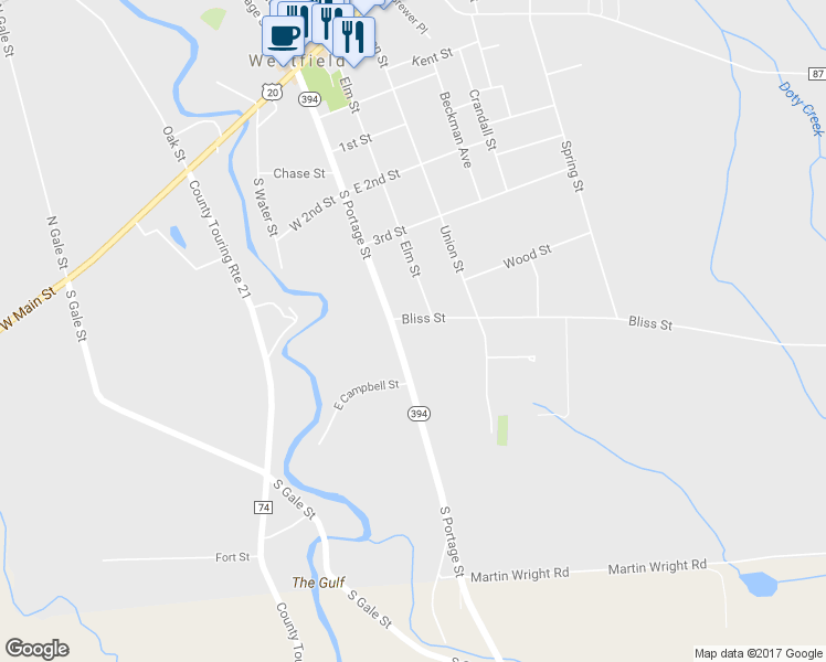 map of restaurants, bars, coffee shops, grocery stores, and more near 145 South Portage Street in Westfield