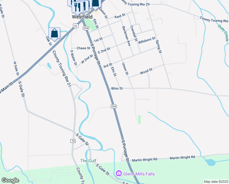 map of restaurants, bars, coffee shops, grocery stores, and more near 145 South Portage Street in Westfield