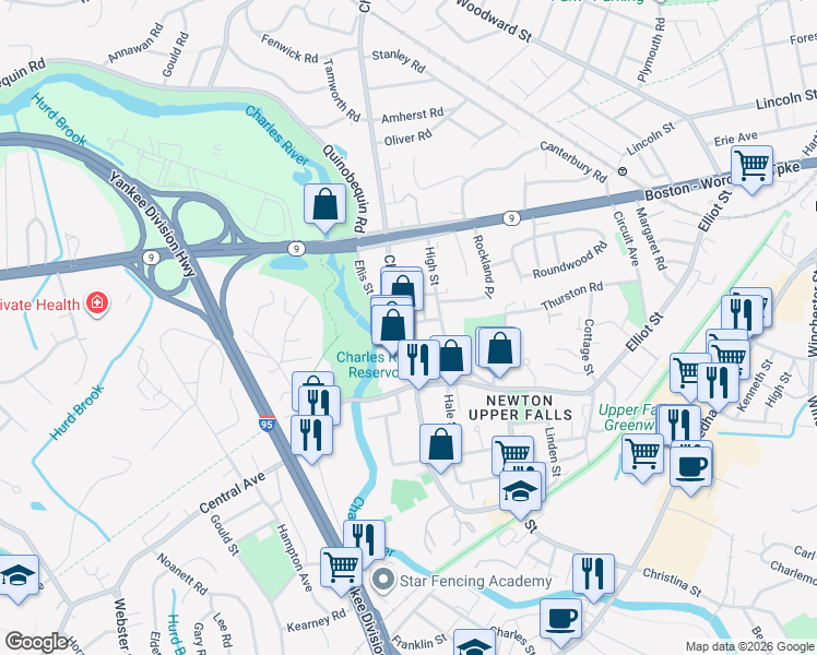 map of restaurants, bars, coffee shops, grocery stores, and more near 1018 Chestnut Street in Newton
