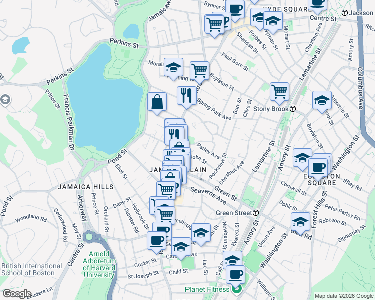 map of restaurants, bars, coffee shops, grocery stores, and more near 15 Parley Avenue in Boston