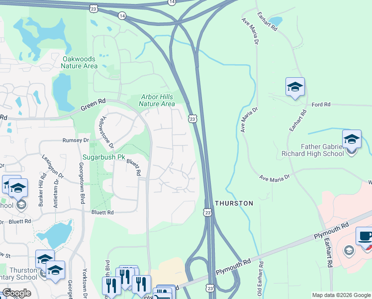 map of restaurants, bars, coffee shops, grocery stores, and more near 3408 Burbank Drive in Ann Arbor