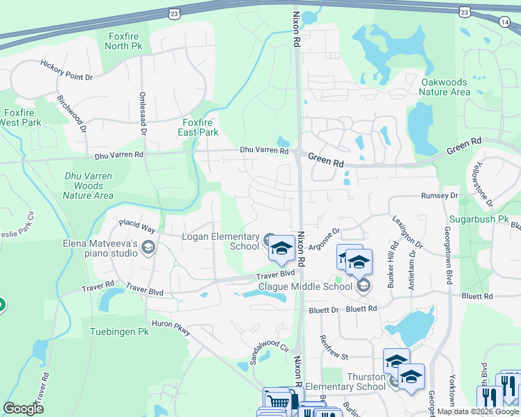 map of restaurants, bars, coffee shops, grocery stores, and more near 2935 Corston Road in Ann Arbor