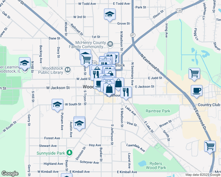 map of restaurants, bars, coffee shops, grocery stores, and more near 101 South Benton Street in Woodstock