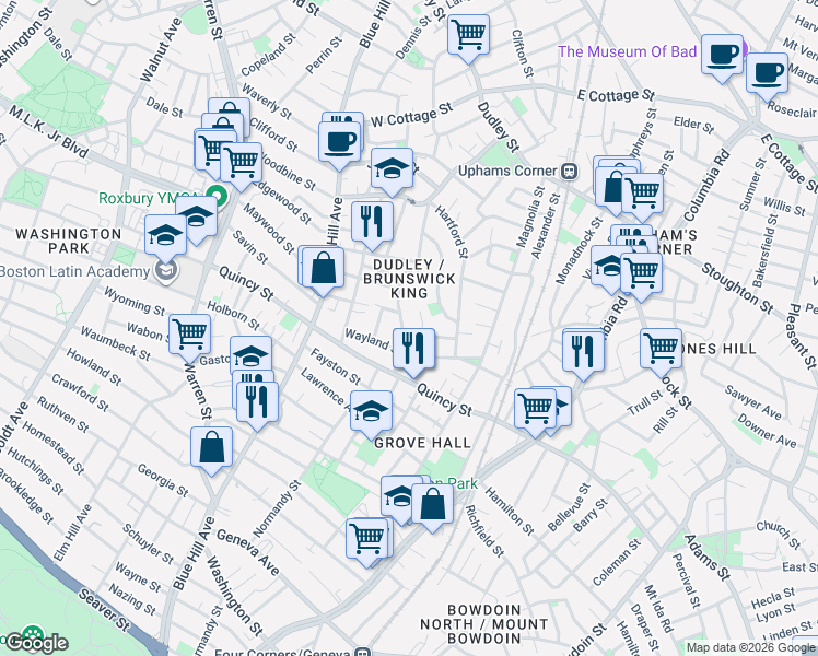 map of restaurants, bars, coffee shops, grocery stores, and more near 96 Woodledge Street in Boston