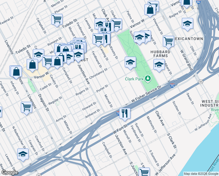 map of restaurants, bars, coffee shops, grocery stores, and more near 1403 Ferdinand Street in Detroit