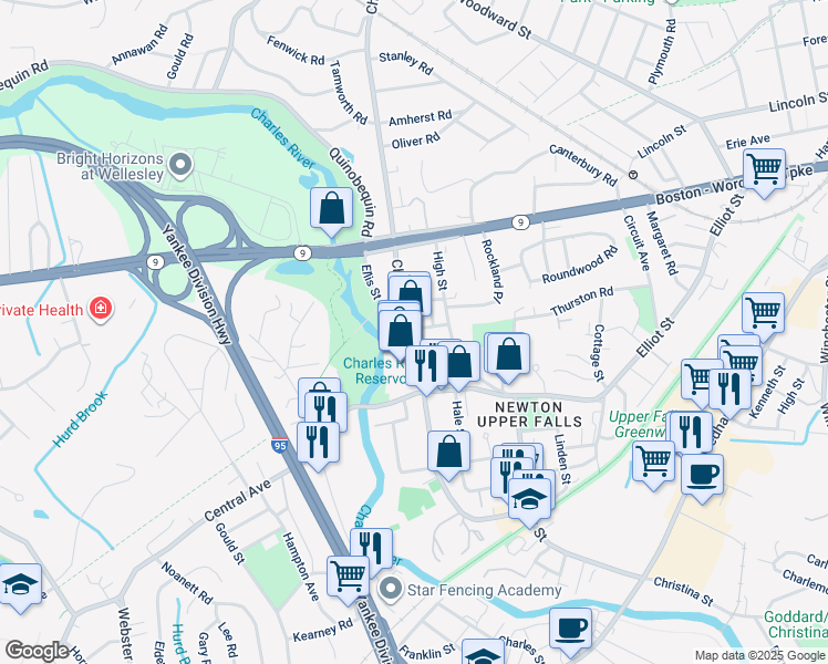 map of restaurants, bars, coffee shops, grocery stores, and more near 1012 Chestnut Street in Newton