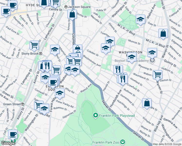 map of restaurants, bars, coffee shops, grocery stores, and more near 60 Walnut Park in Boston