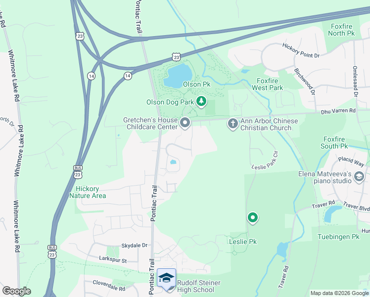 map of restaurants, bars, coffee shops, grocery stores, and more near 2964 Hunley Drive in Ann Arbor