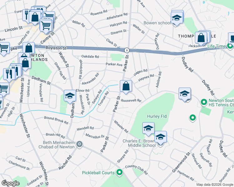 map of restaurants, bars, coffee shops, grocery stores, and more near 6 Truman Road in Newton