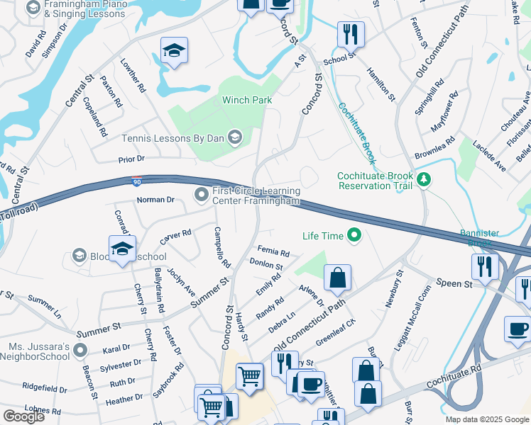 map of restaurants, bars, coffee shops, grocery stores, and more near 1283 Concord Street in Framingham