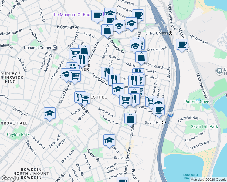 map of restaurants, bars, coffee shops, grocery stores, and more near 129 Stoughton Street in Boston