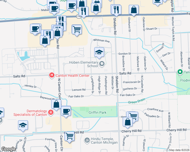 map of restaurants, bars, coffee shops, grocery stores, and more near 44777 Saltz Road in Canton