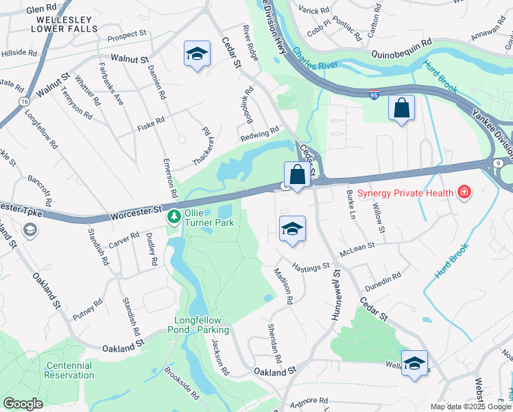 map of restaurants, bars, coffee shops, grocery stores, and more near 234 Worcester Street in Wellesley
