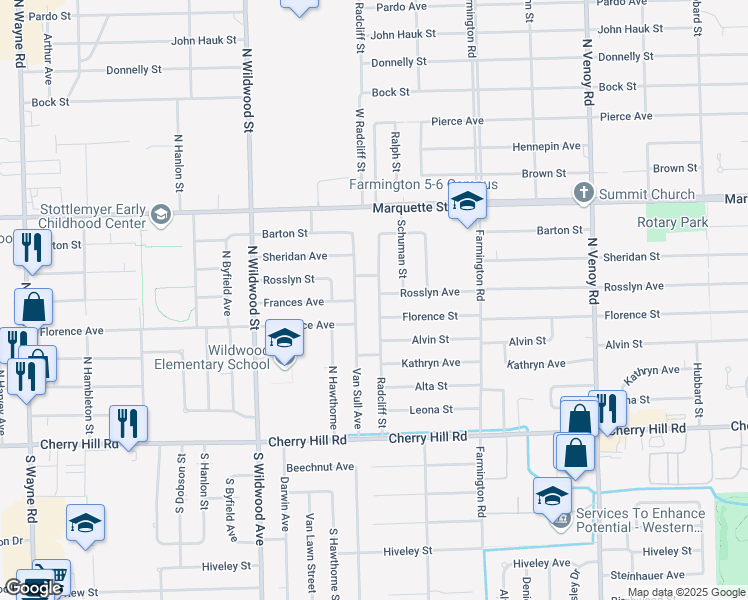 map of restaurants, bars, coffee shops, grocery stores, and more near 651 Radcliff Street in Garden City