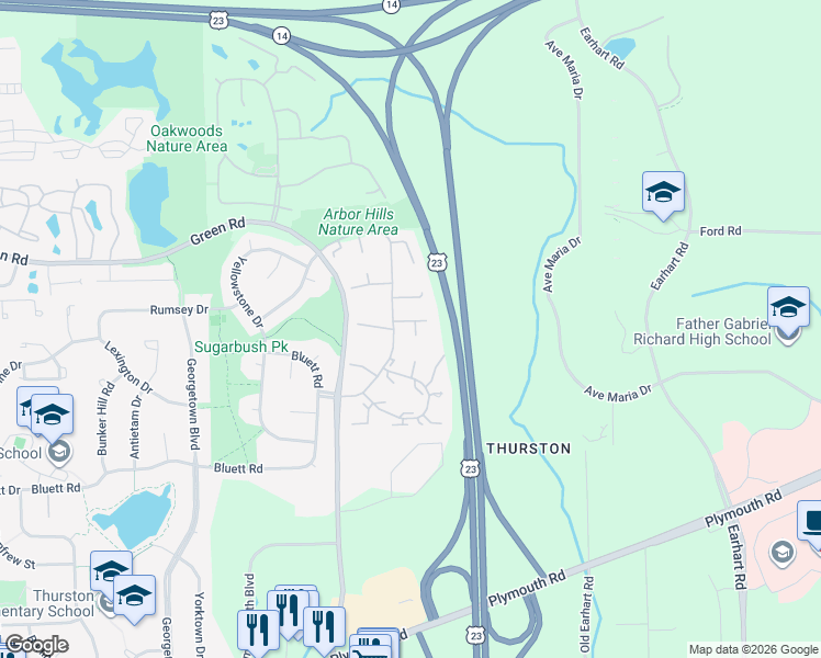 map of restaurants, bars, coffee shops, grocery stores, and more near 3408 Burbank Drive in Ann Arbor