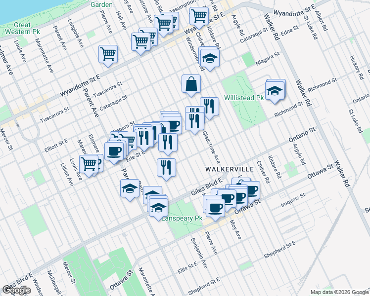 map of restaurants, bars, coffee shops, grocery stores, and more near 1058 Hall Avenue in Windsor