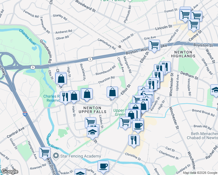 map of restaurants, bars, coffee shops, grocery stores, and more near 56 Thurston Road in Newton