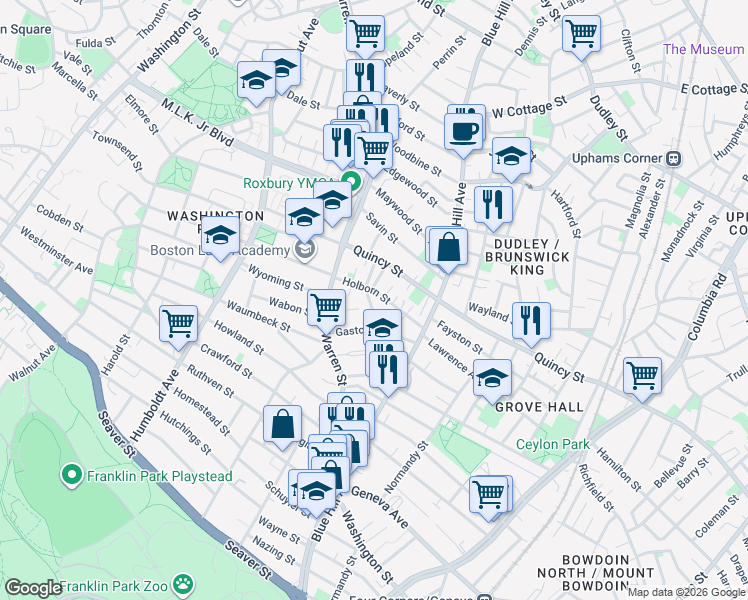 map of restaurants, bars, coffee shops, grocery stores, and more near 17 Holborn Street in Boston
