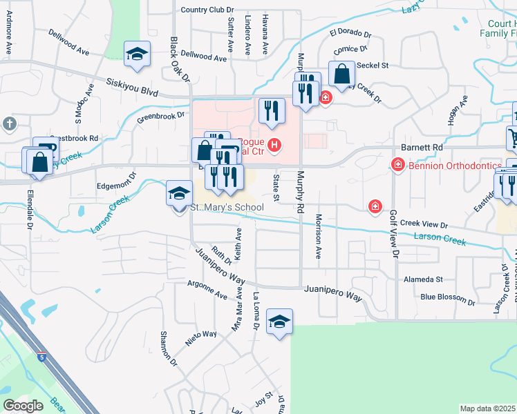map of restaurants, bars, coffee shops, grocery stores, and more near 2868 Creekside Circle in Medford