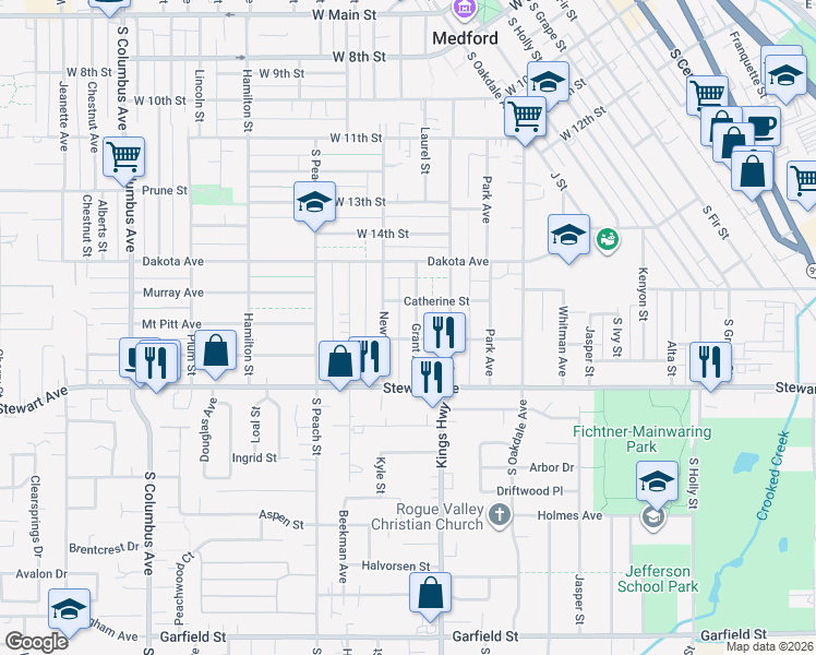 map of restaurants, bars, coffee shops, grocery stores, and more near 807 Grant Avenue in Medford