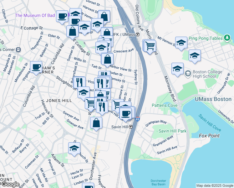 map of restaurants, bars, coffee shops, grocery stores, and more near 39 Belfort Street in Boston