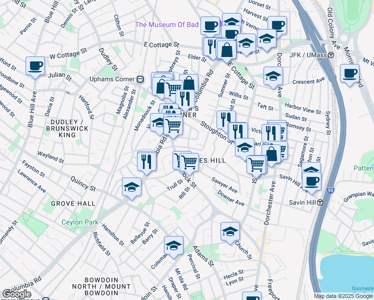 map of restaurants, bars, coffee shops, grocery stores, and more near 41 Upham Avenue in Boston