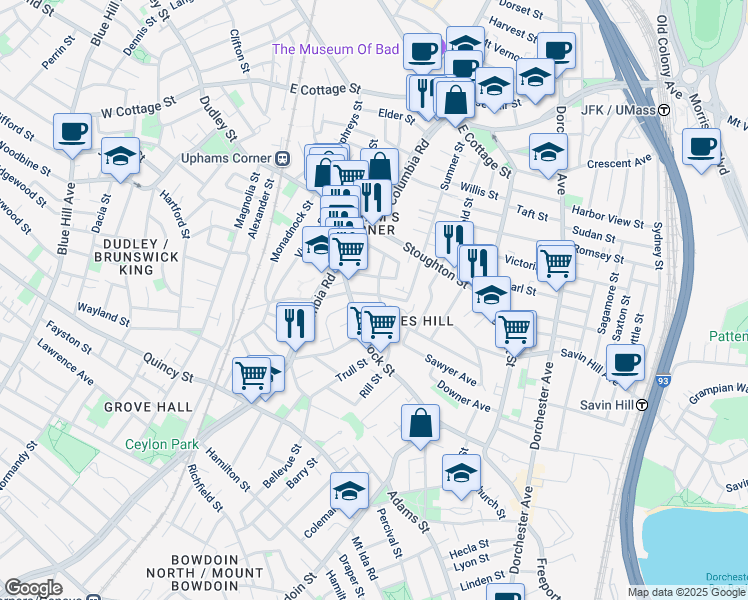 map of restaurants, bars, coffee shops, grocery stores, and more near 14 Upham Avenue in Boston