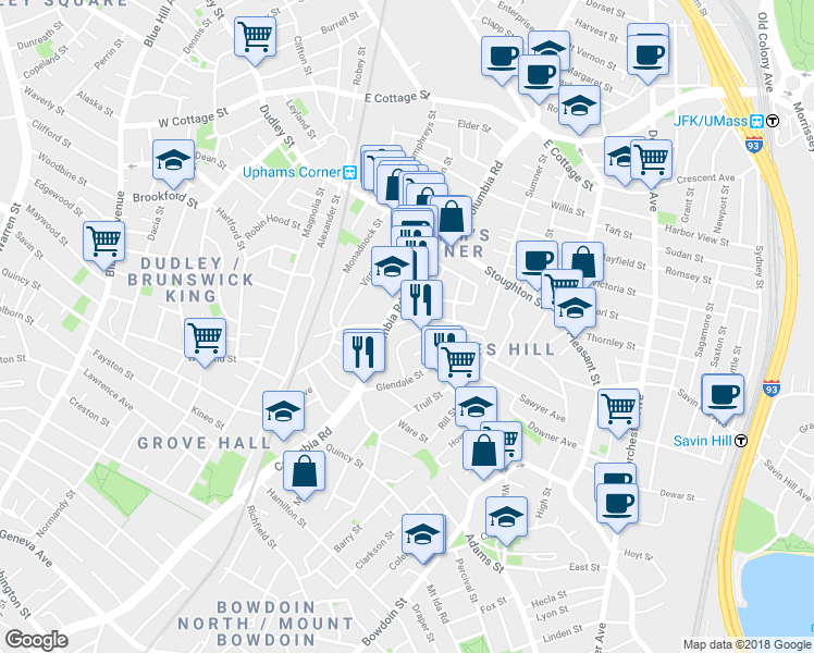 map of restaurants, bars, coffee shops, grocery stores, and more near 507-509 Columbia Road in Boston
