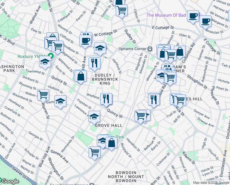 map of restaurants, bars, coffee shops, grocery stores, and more near 52 Hartford Street in Boston