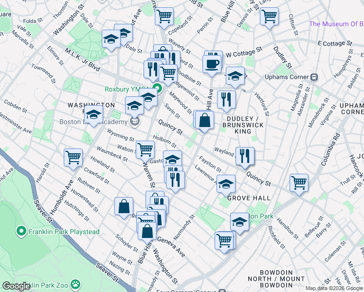map of restaurants, bars, coffee shops, grocery stores, and more near 5 Holborn Park in Boston