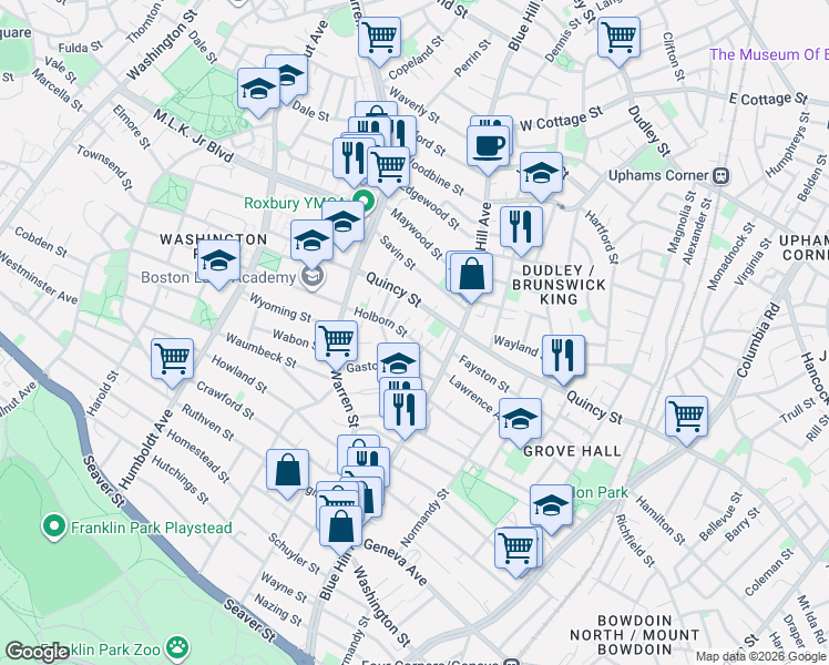 map of restaurants, bars, coffee shops, grocery stores, and more near 5 Holborn Park in Boston