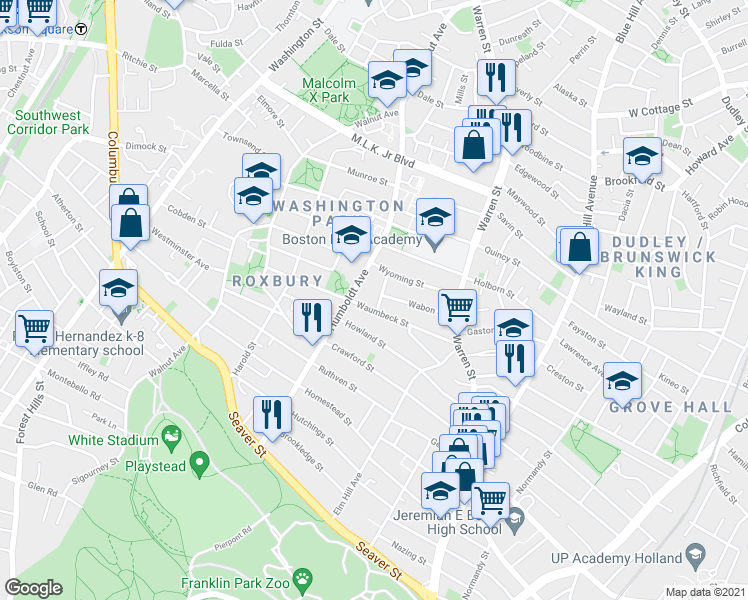 map of restaurants, bars, coffee shops, grocery stores, and more near 29 Wabon Street in Boston