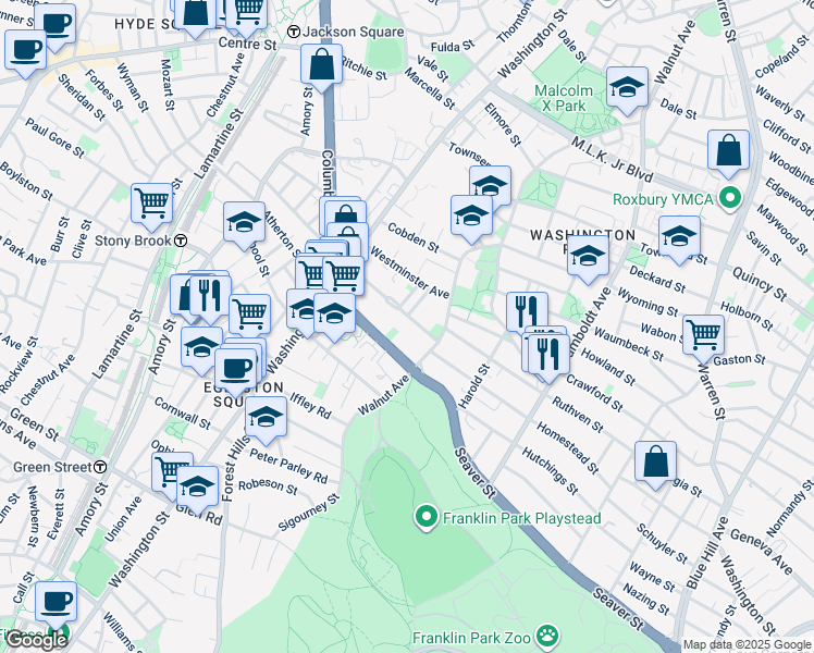 map of restaurants, bars, coffee shops, grocery stores, and more near 60 Walnut Park in Boston
