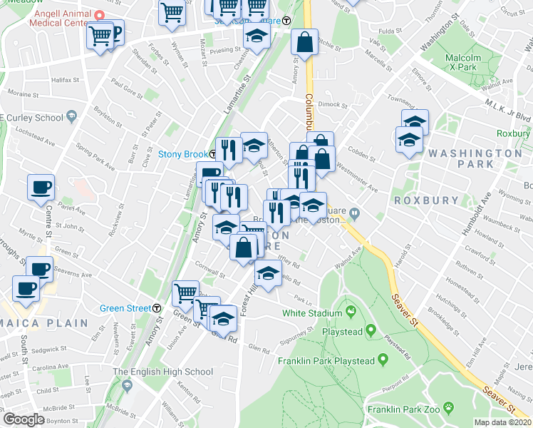 map of restaurants, bars, coffee shops, grocery stores, and more near 16 Dalrymple Street in Boston
