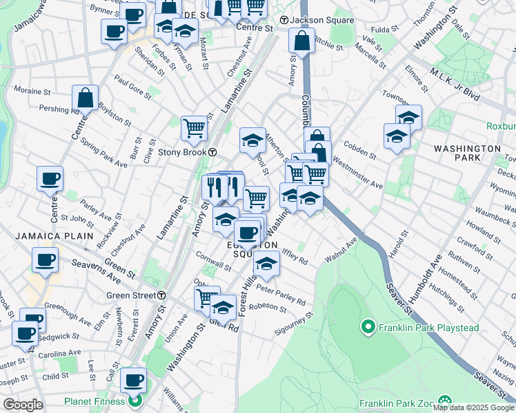 map of restaurants, bars, coffee shops, grocery stores, and more near 16 Dalrymple Street in Boston