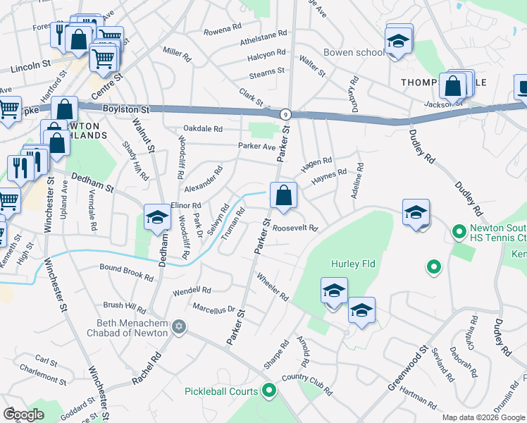 map of restaurants, bars, coffee shops, grocery stores, and more near 11 Truman Road in Newton