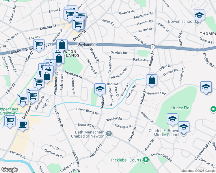 map of restaurants, bars, coffee shops, grocery stores, and more near 32 Elinor Road in Newton