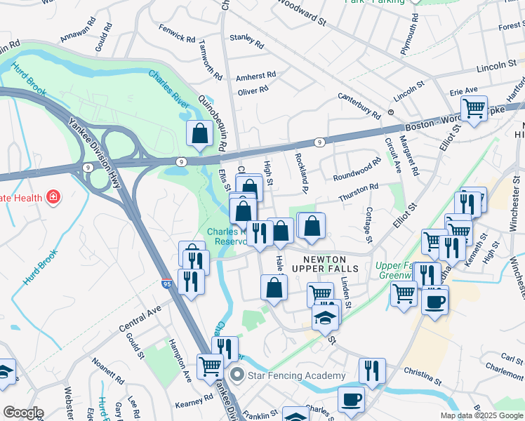 map of restaurants, bars, coffee shops, grocery stores, and more near 13 Winter Street in Newton
