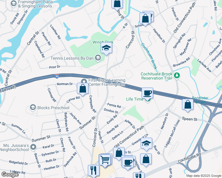 map of restaurants, bars, coffee shops, grocery stores, and more near 1283 Concord Street in Framingham