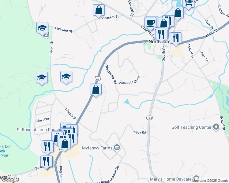 map of restaurants, bars, coffee shops, grocery stores, and more near 44 Westbrook Road in Northborough