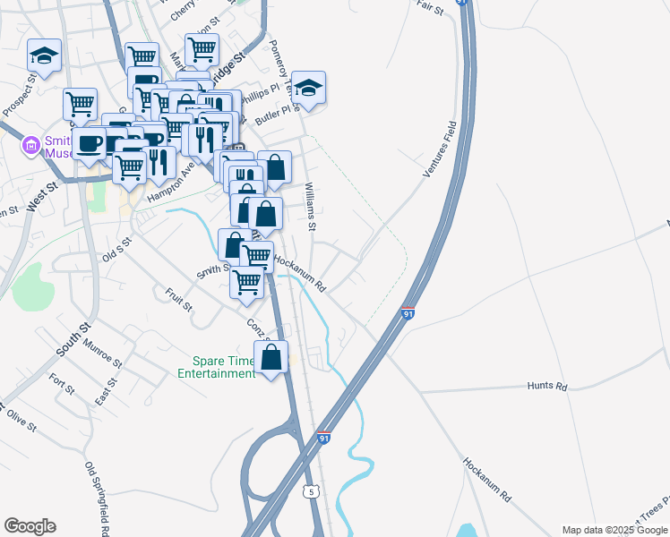 map of restaurants, bars, coffee shops, grocery stores, and more near 124 Williams Street in Northampton