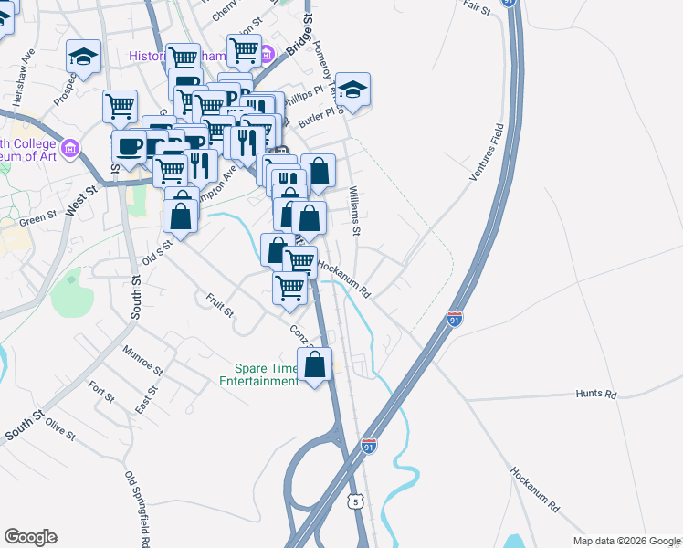map of restaurants, bars, coffee shops, grocery stores, and more near 9 Hockanum Road in Northampton