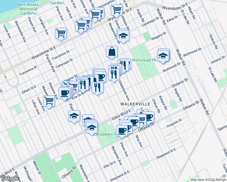 map of restaurants, bars, coffee shops, grocery stores, and more near 1043 Moy Avenue in Windsor